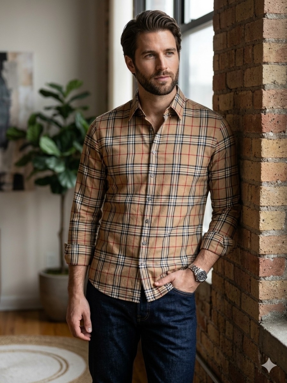 Vintage Viyella Men's Wool Blend Tan Plaid Button-Down Shirt Tartan Old Money 40